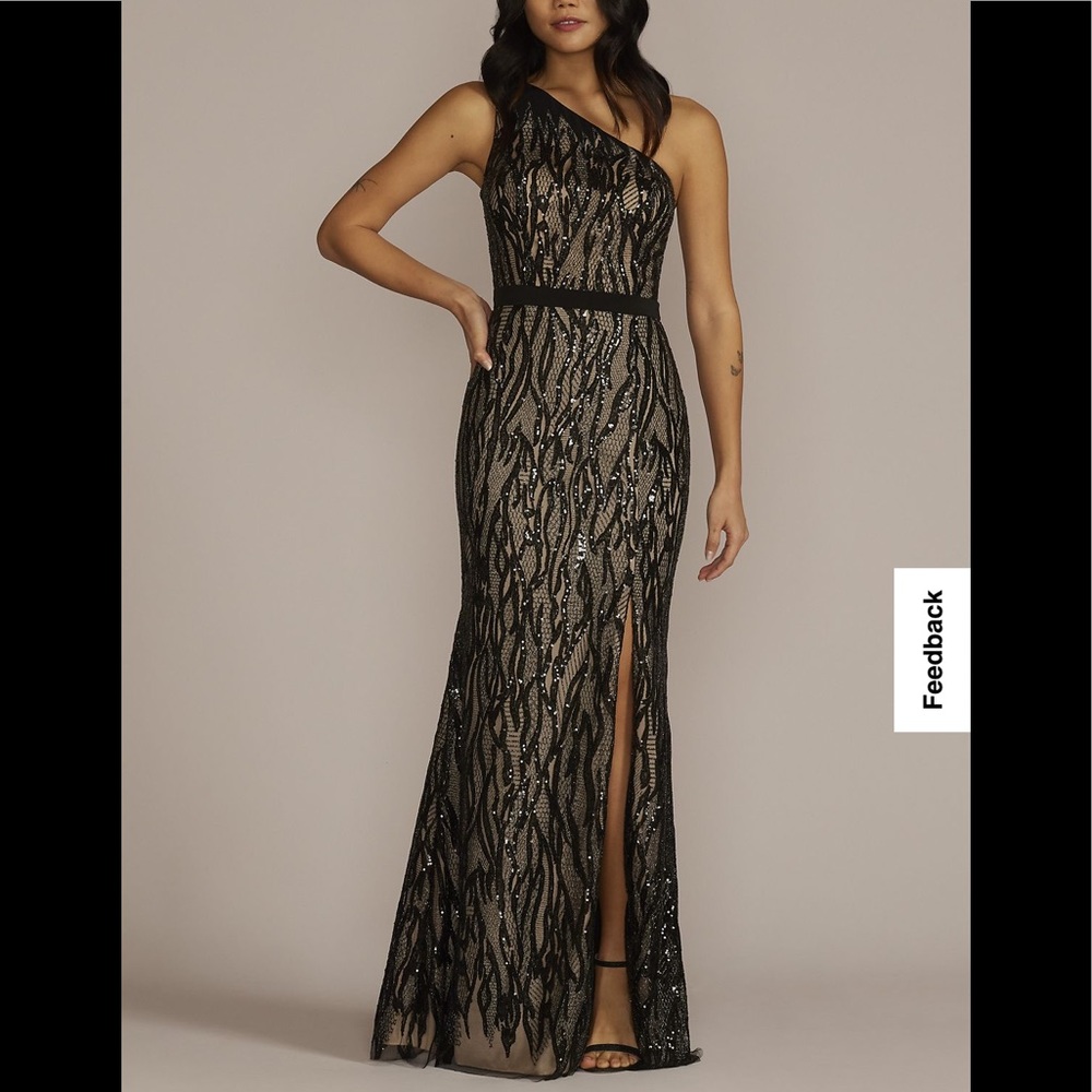 Sequin lace one shoulder sheath gown dress size 4 black/nude